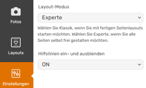 Einstellungen des Fotobuch-Gestalters mit dem Dropdown für den Layout-Modus