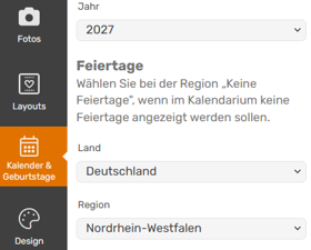 Kalendergestalter mit Auswahl für Jahr, Land und Region zur Anzeige gesetzlicher Feiertage