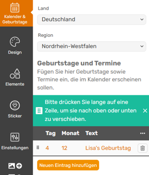 Kalendergestalter mit dem Bereich Kalender und Geburtstage sowie einem eigenen Geburtstagseintrag