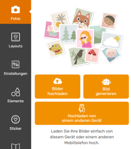 Fotobereich des Online-Gestalters mit dem Menüpunkt Fotos und dem Button Bilder hochladen